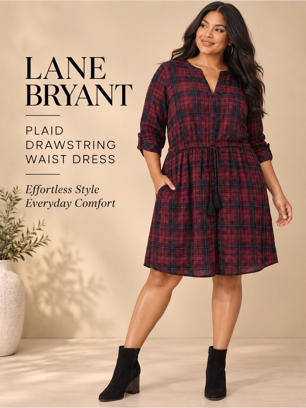NWT Lane Bryant Plaid Drawstring Waist Dress Burgundy Black Size 18